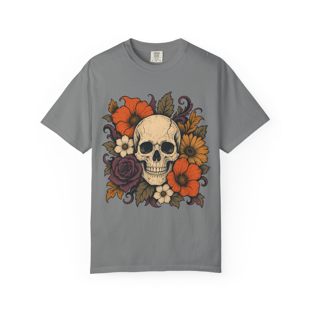 Skull with Autumn Flowers Comfort Colors T-shirt | Floral Skull Tee