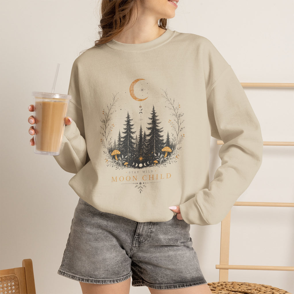 Moon Child forest moon sweatshirt | woodland trees mushrooms crescent moon