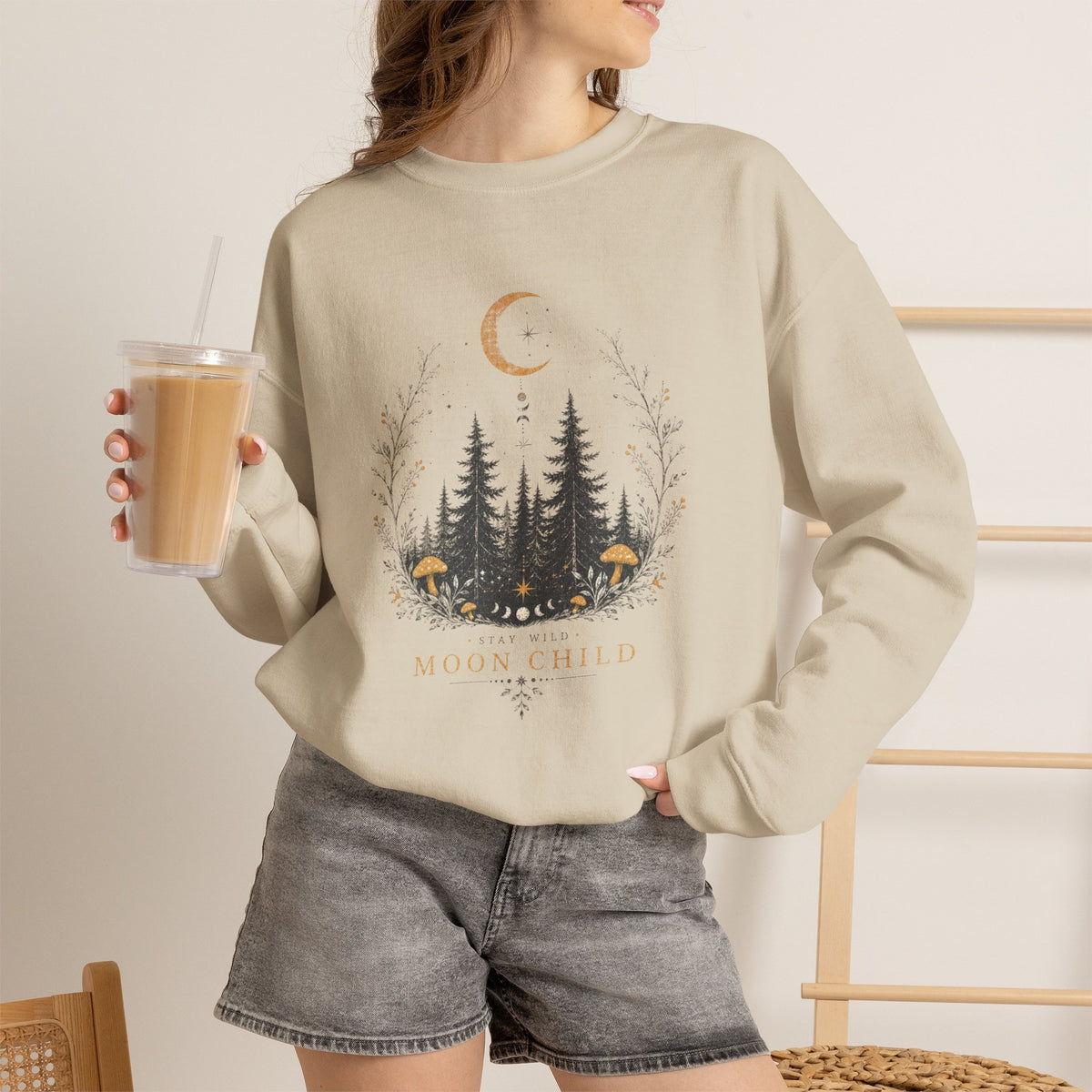 Moon Child forest moon sweatshirt | woodland trees mushrooms crescent moon