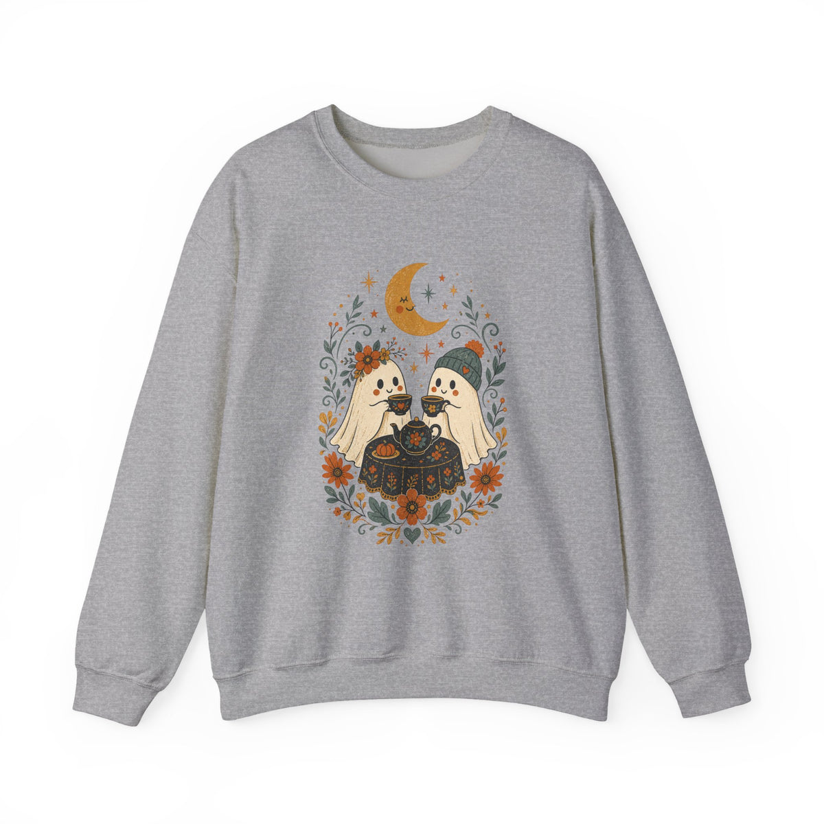 Autumn Cute Halloween Ghost Couple Sweatshirt | Moon Fall Floral Illustration