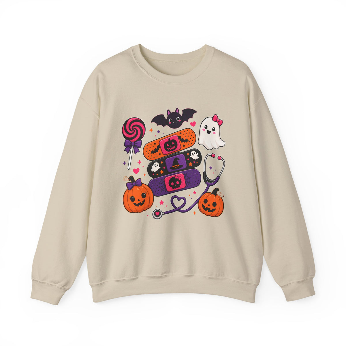 Nurse Halloween Sweatshirt Pediatrics Candy Bandaids Stethoscope Pumpkin Ghosts Bat | Medical Cute