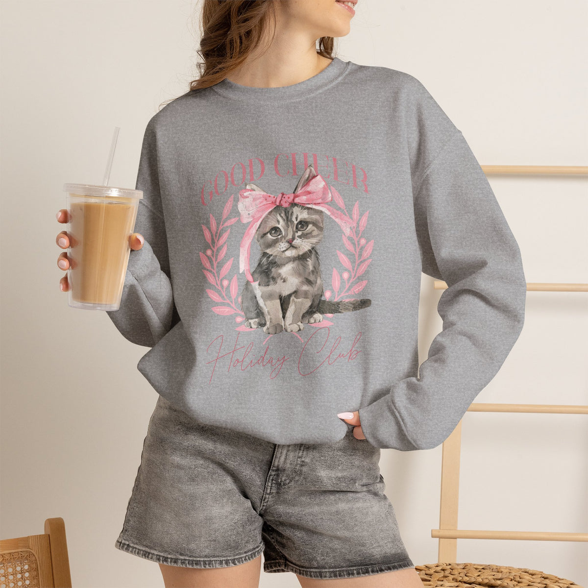 Christmas Kitten Sweatshirt | Cute Cat Illustration, Good Cheer Holiday Club Pink Coquette Style