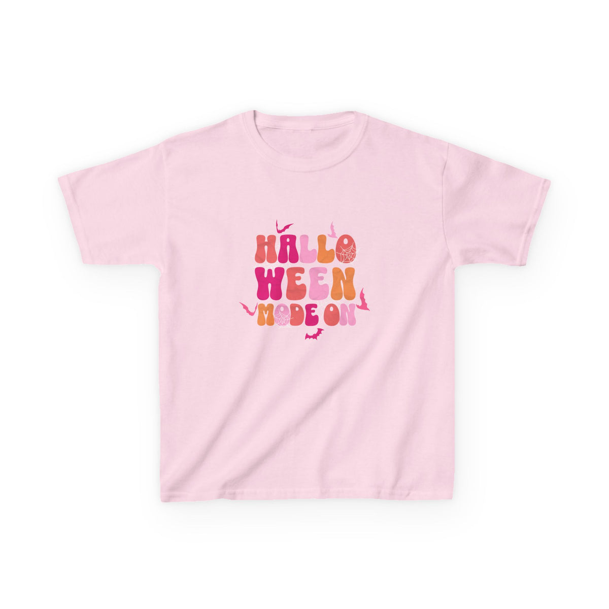 Halloween Vibes Kids Tee | groovy pumpkin lettering, pink orange retro