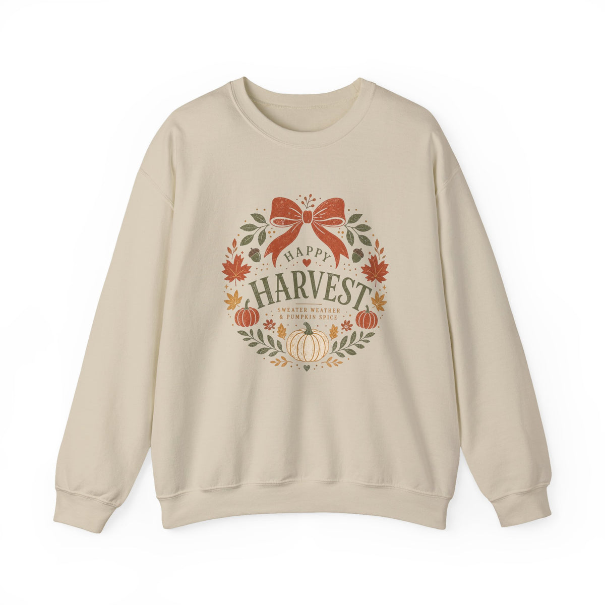 Happy Harvest wreath Crewneck sweatshirt | Fall pumpkin leaves bow