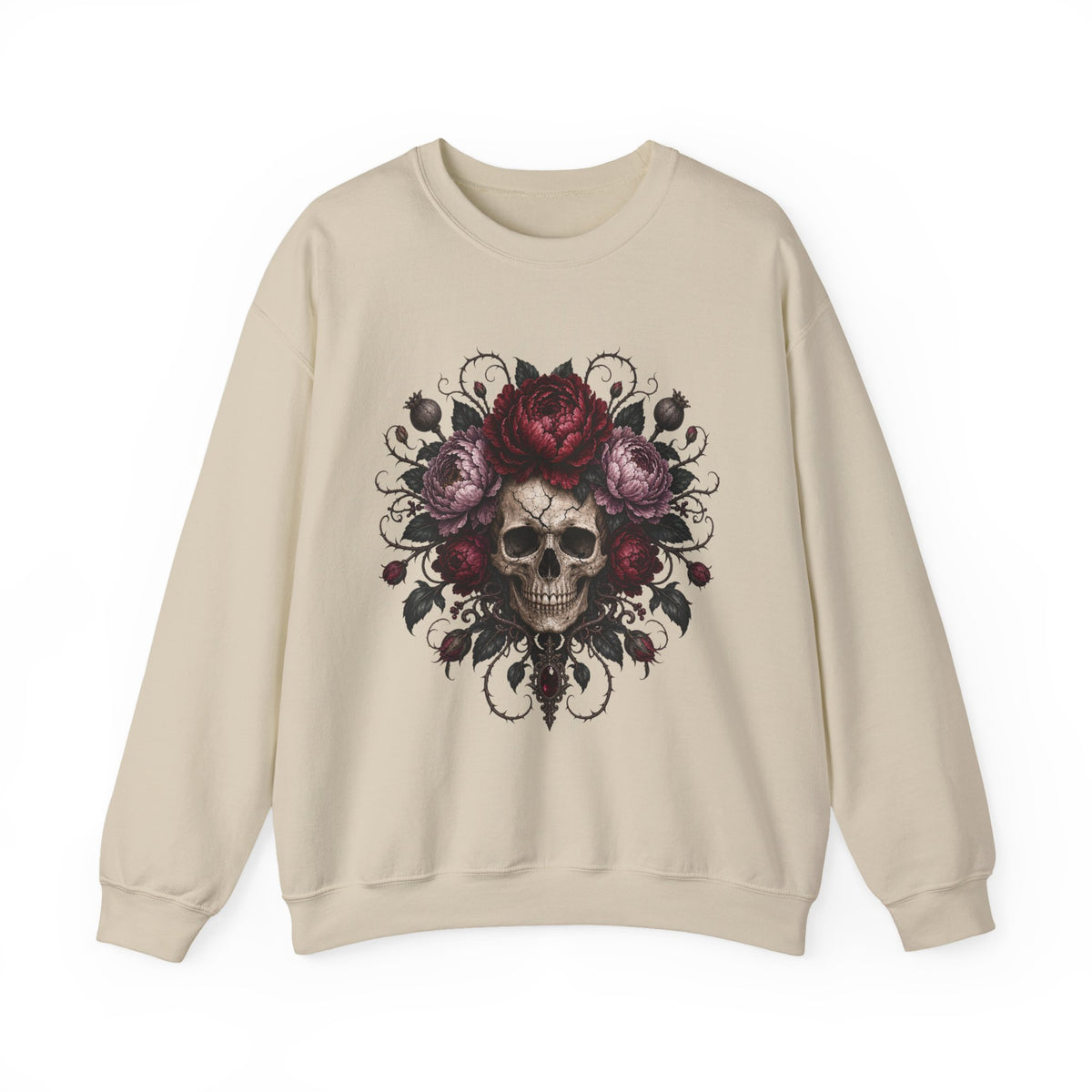 Floral Skull Crewneck Sweatshirt | Gothic Rose Skull Design