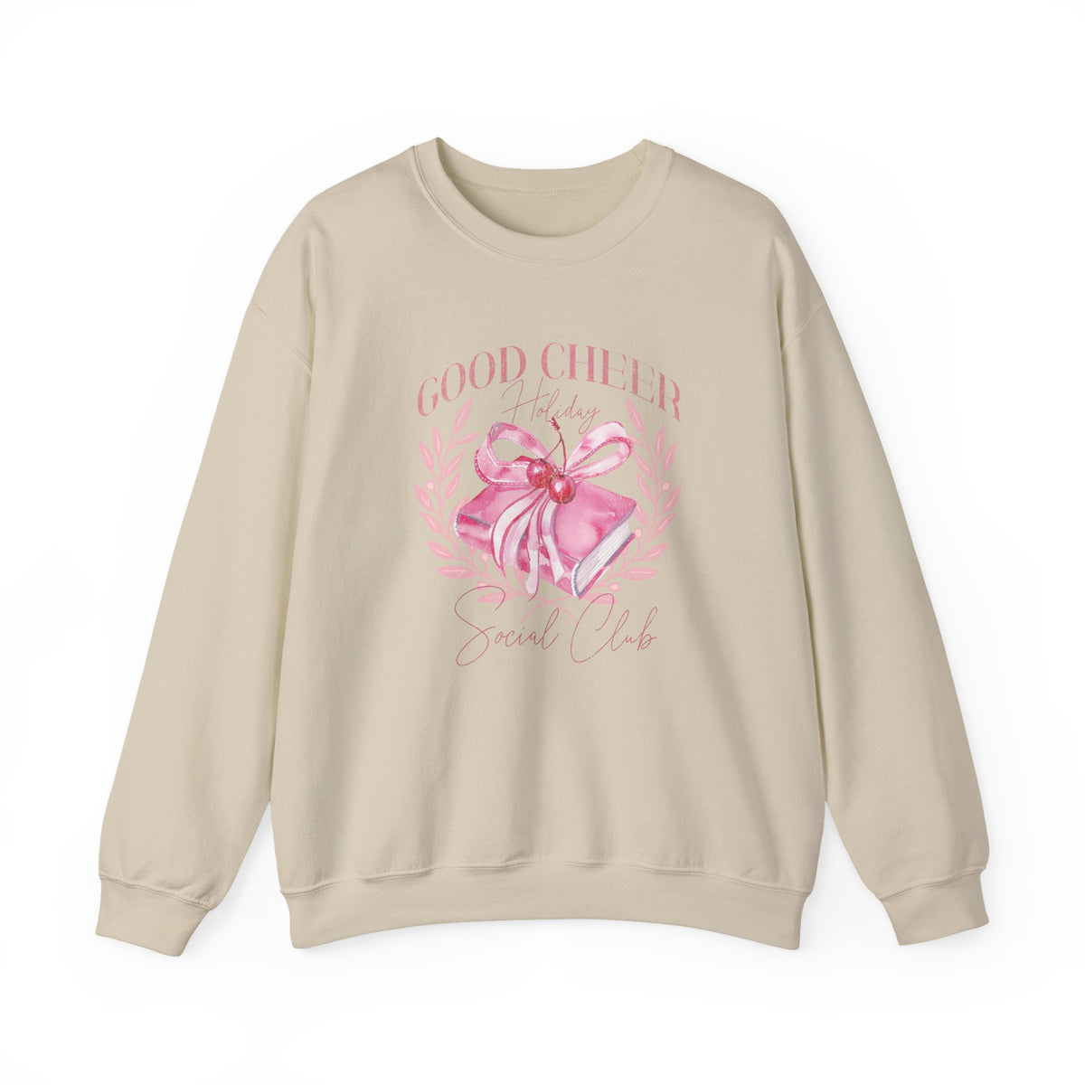 Christmas Sweatshirt Coquette Style | Good Cheer Social Club Pink Ribbon Wreath Holiday Cozy Crew