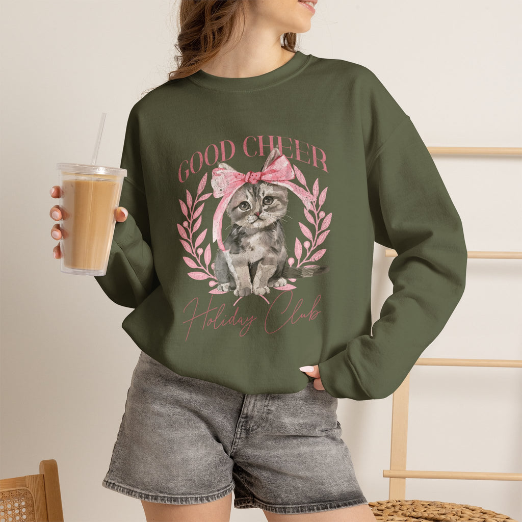 Christmas Kitten Sweatshirt | Cute Cat Illustration, Good Cheer Holiday Club Pink Coquette Style
