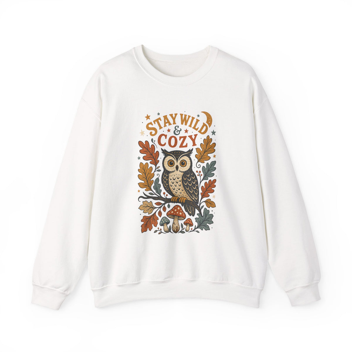 Stay Wild & Cozy Owl Sweatshirt | Autumn Leaves, Mushrooms
