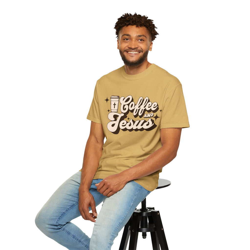 Coffee and Jesus T-shirt | Christian Retro Script Design COMFORT COLORS