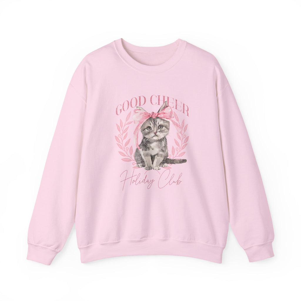 Christmas Kitten Sweatshirt | Cute Cat Illustration, Good Cheer Holiday Club Pink Coquette Style