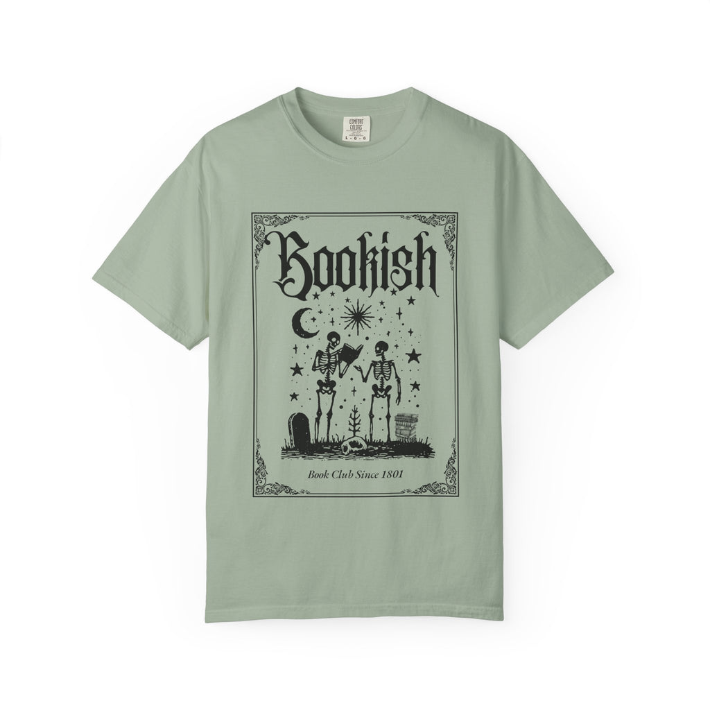 Bookish Skeletons Comfort Colors Tshirt | Gothic book lover tee, occult reading design