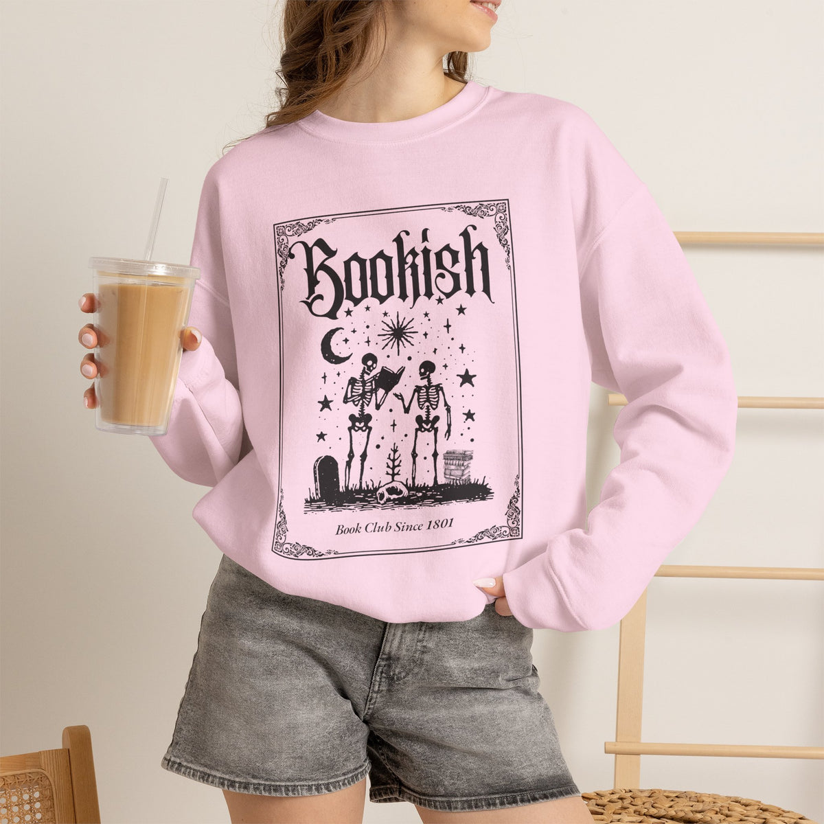 Bookish Halloween Skeletons Illustration Crewneck Sweatshirt | Witchy Reading Graphic