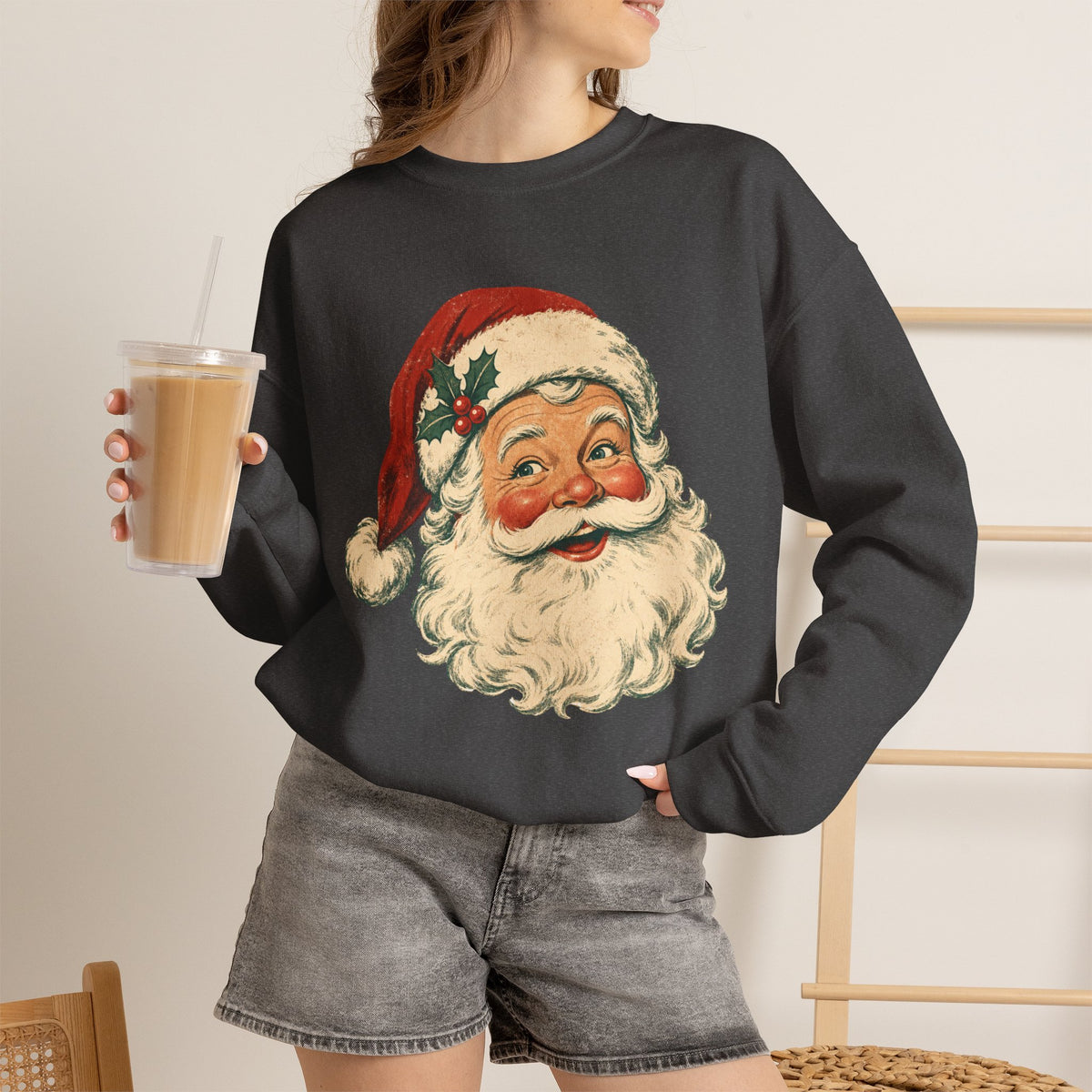 Vintage Santa Face Crewneck Sweatshirt | Retro Christmas Holiday Sweater