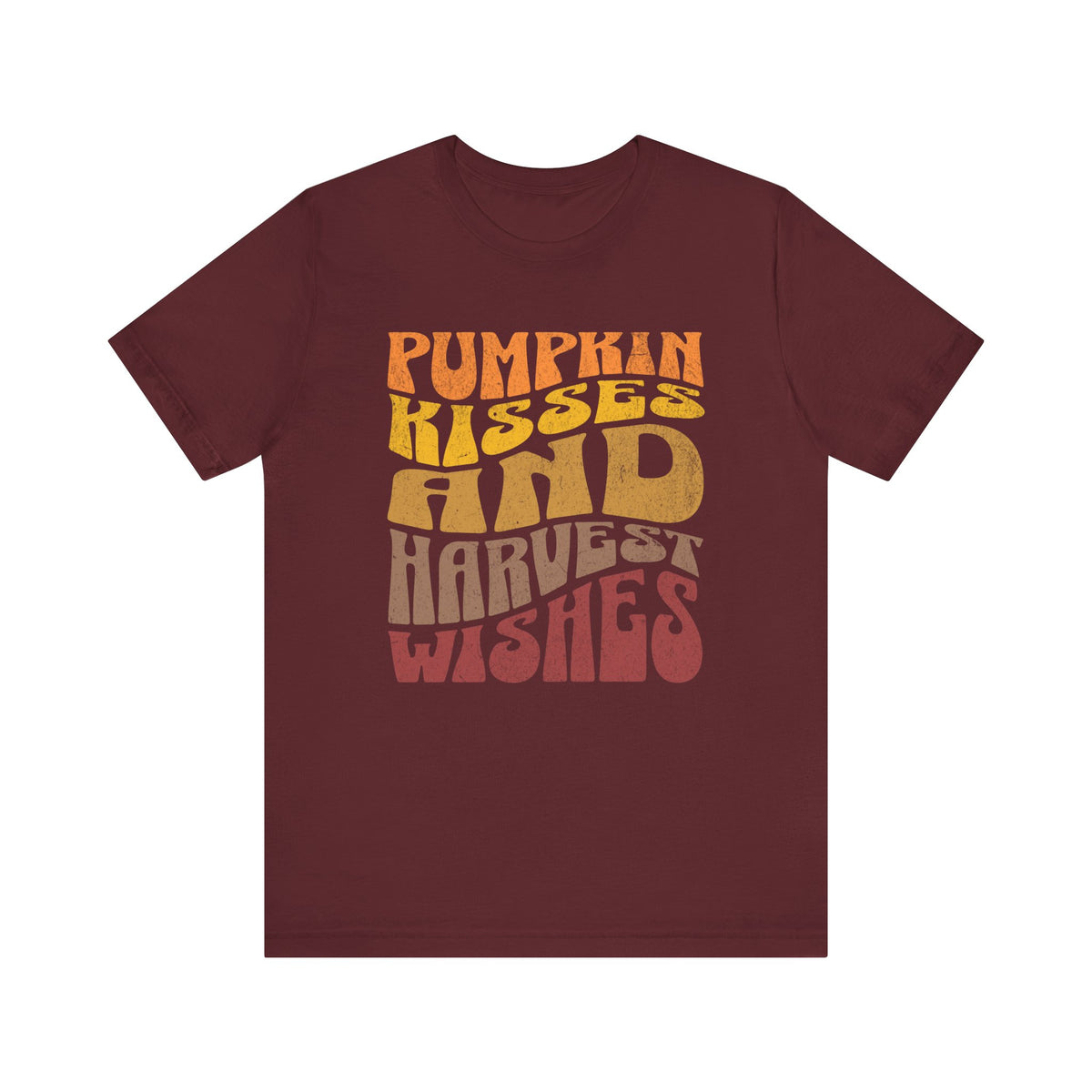 Pumpkin Kisses and Harvest Wishes T-Shirt | Fall Autumn Retro Typography Tee