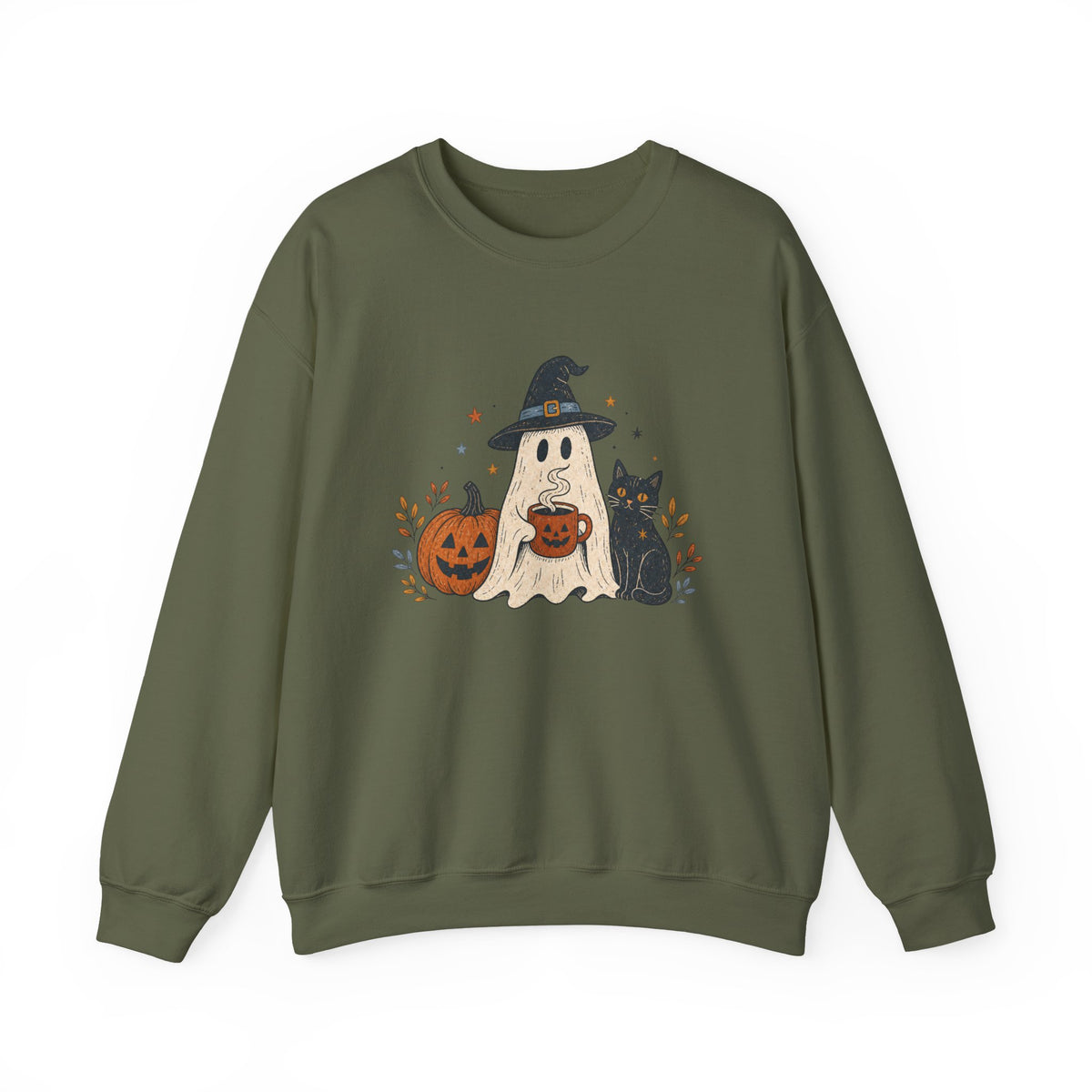 Cute Ghost with Witch Hat Sweatshirt | Halloween Pumpkin Black Cat Crewneck
