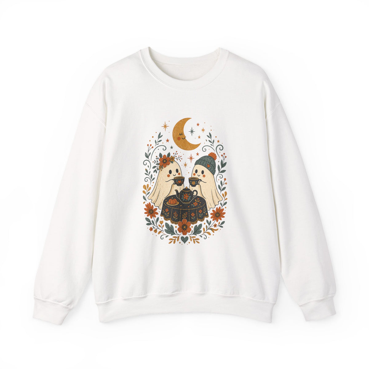 Autumn Cute Halloween Ghost Couple Sweatshirt | Moon Fall Floral Illustration