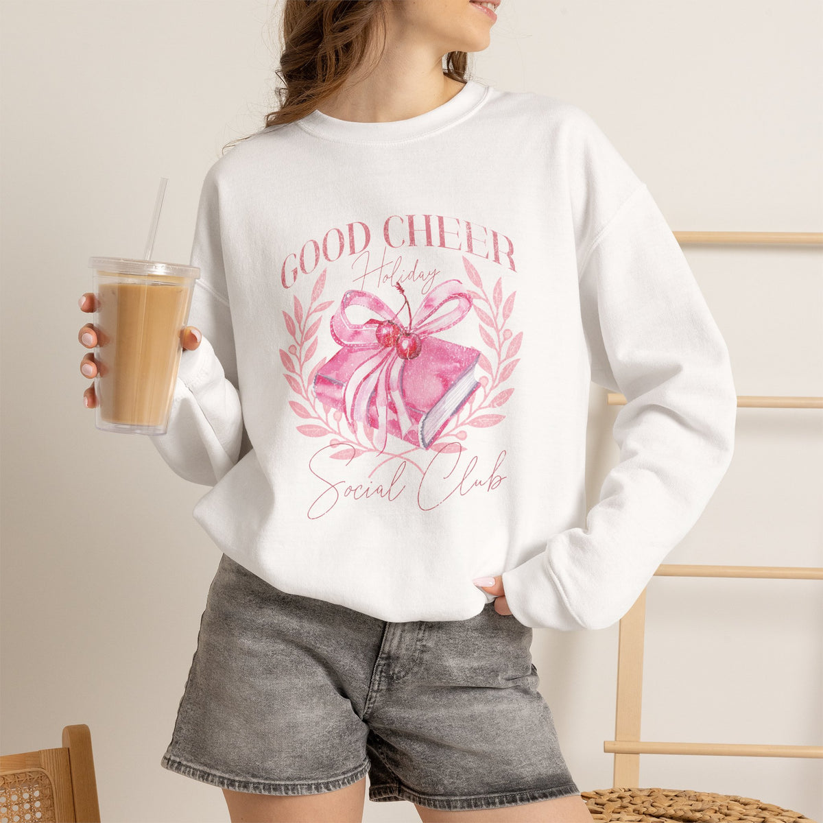 Christmas Sweatshirt Coquette Style | Good Cheer Social Club Pink Ribbon Wreath Holiday Cozy Crew