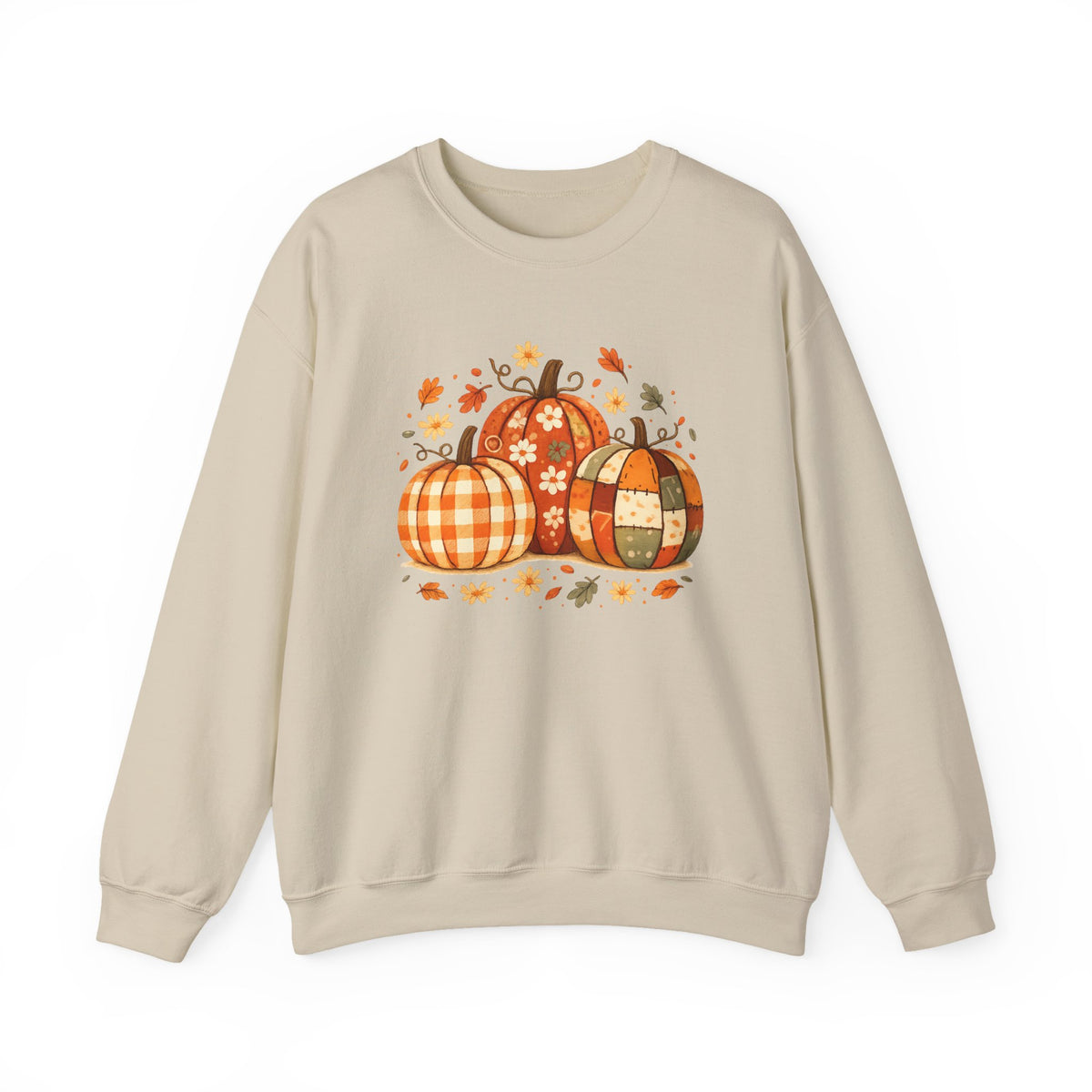 Patchwork Pumpkins Crewneck Sweatshirt | Autumn Plaid Pumpkin Trio