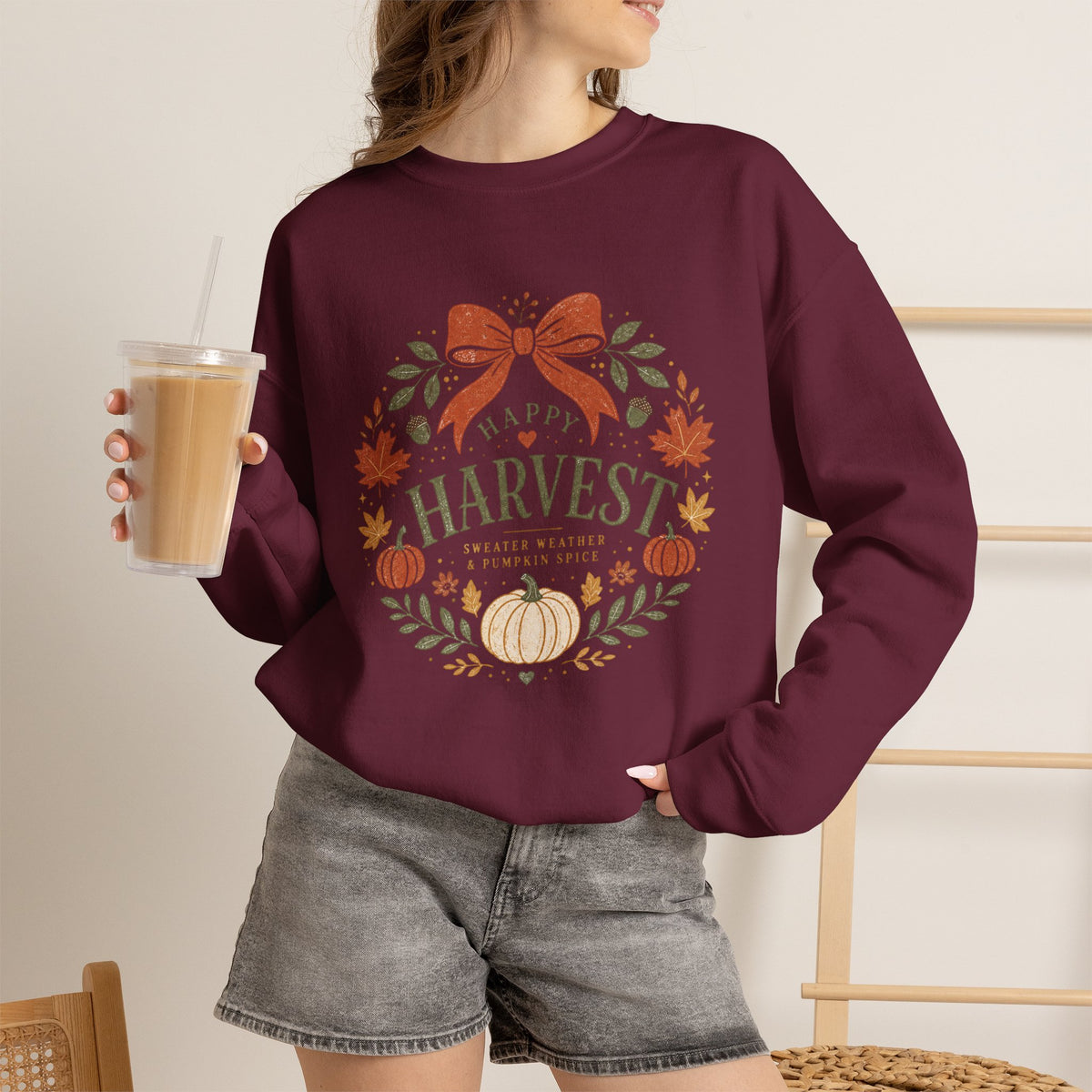 Happy Harvest wreath Crewneck sweatshirt | Fall pumpkin leaves bow