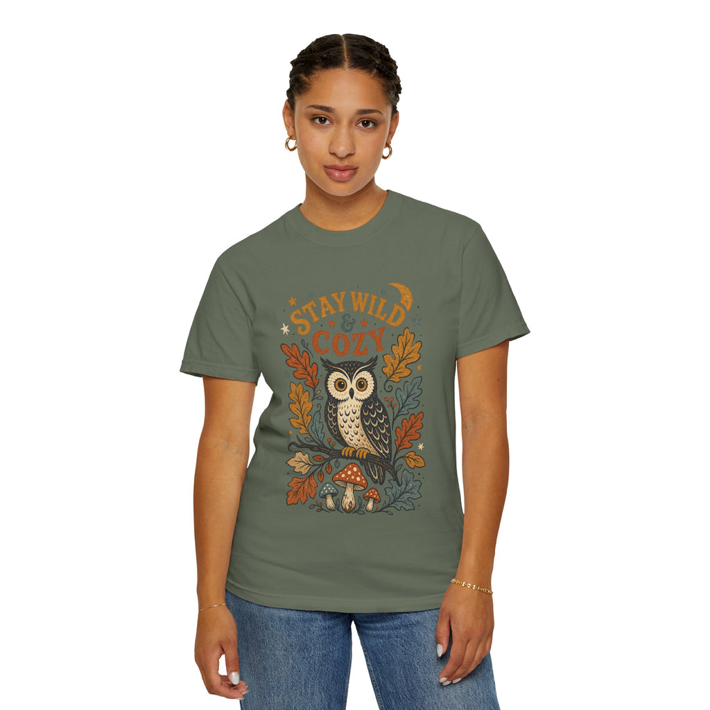 Stay Wild & Cozy Owl Illustration Comfort Colors T-Shirt | Autumn Leaves, Mushroom