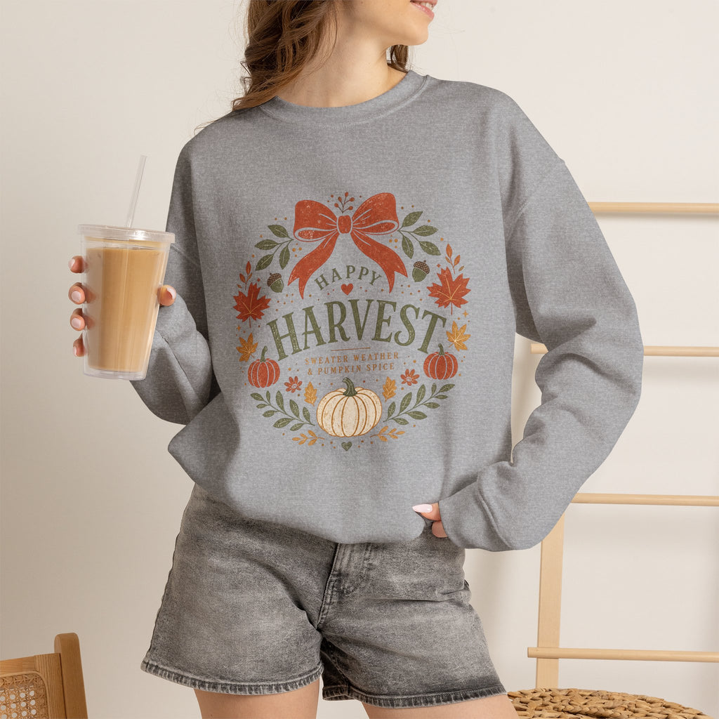 Happy Harvest wreath Crewneck sweatshirt | Fall pumpkin leaves bow