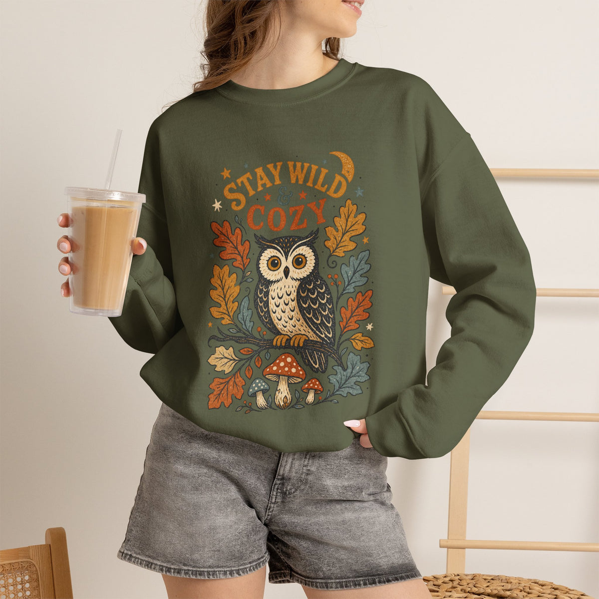 Stay Wild & Cozy Owl Sweatshirt | Autumn Leaves, Mushrooms