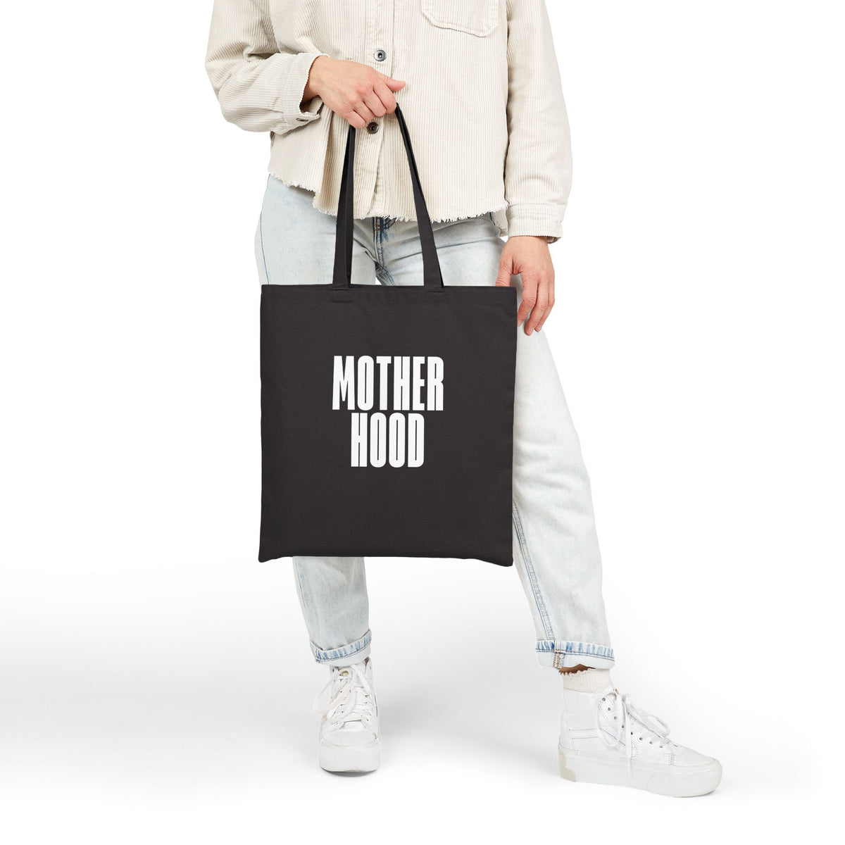 MOTHERHOOD tote bag | bold white text cotton canvas