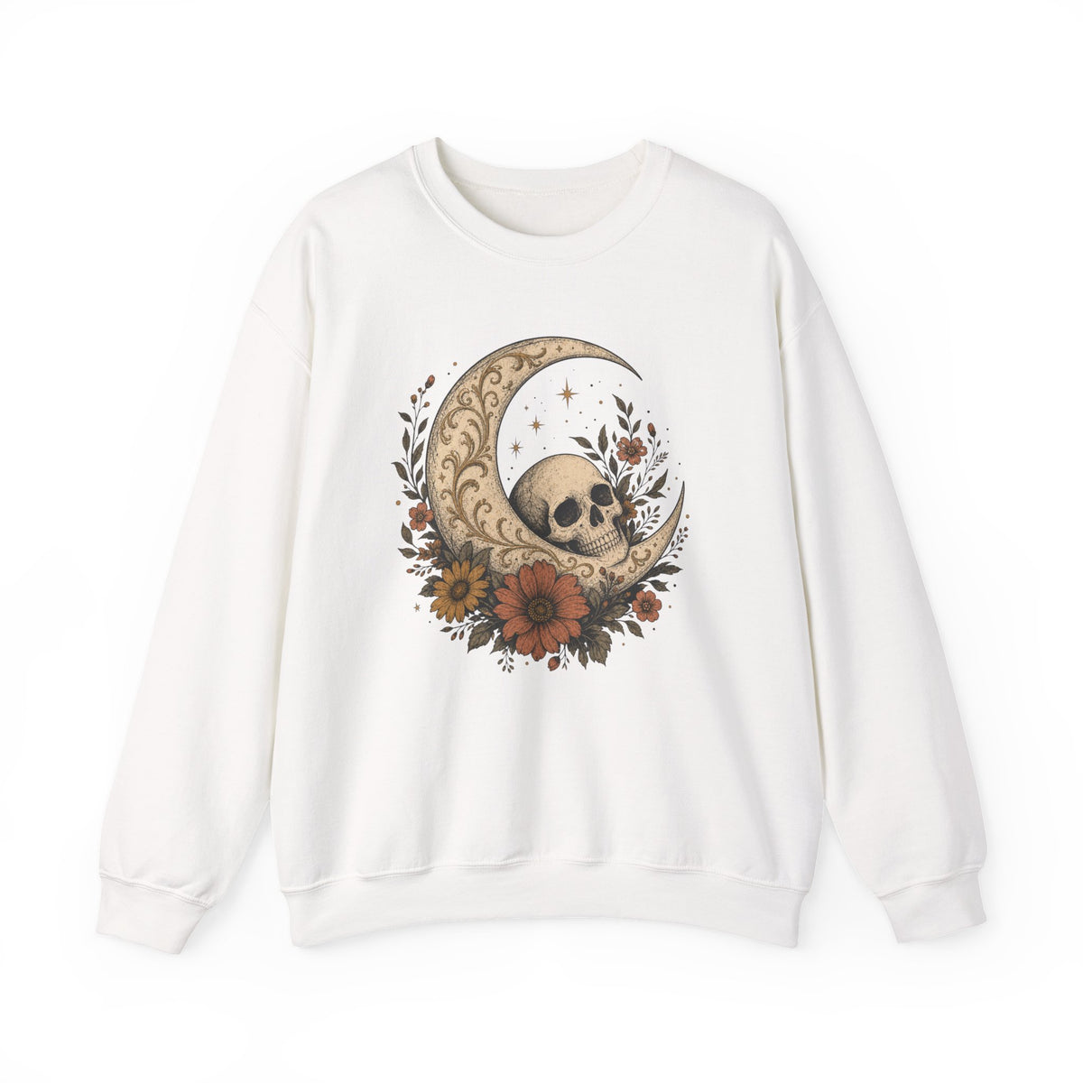 Skull Crescent Moon Floral Sweatshirt | Gothic Boho Moon Skull