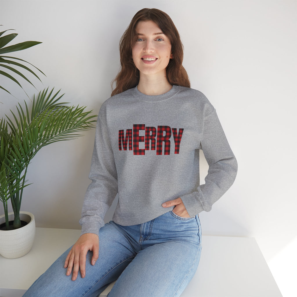 MERRY buffalo plaid letters Sweatshirt | Christmas holiday cozy design
