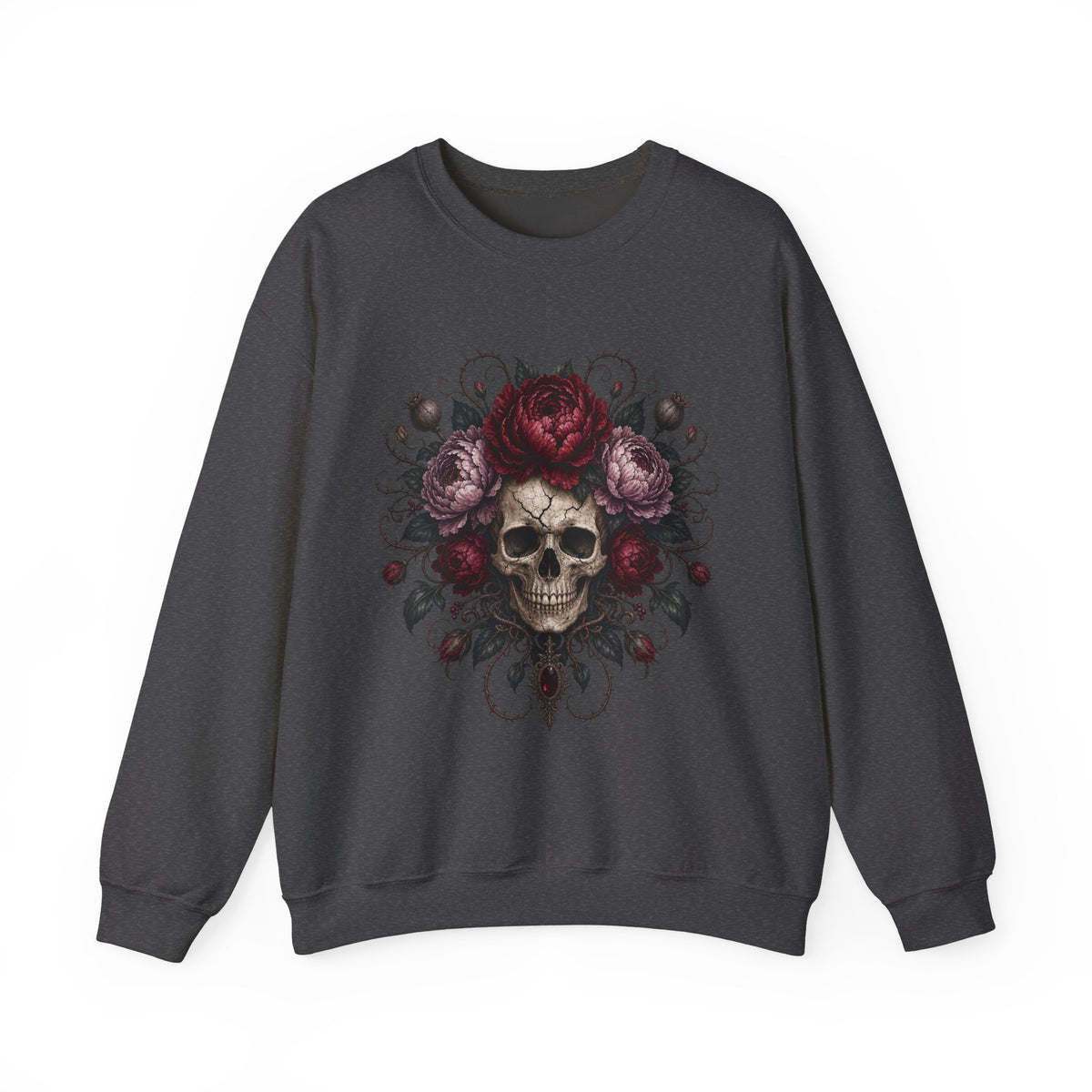 Floral Skull Crewneck Sweatshirt | Gothic Rose Skull Design