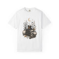 Cozy Fall Book Stack with Moon Coffee Mug T-shirt | Autumn Pumpkin Floral
