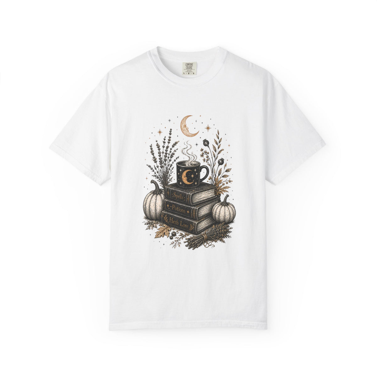 Cozy Fall Book Stack with Moon Coffee Mug T-shirt | Autumn Pumpkin Floral
