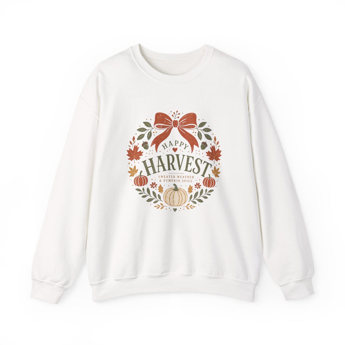 Happy Harvest wreath Crewneck sweatshirt | Fall pumpkin leaves bow