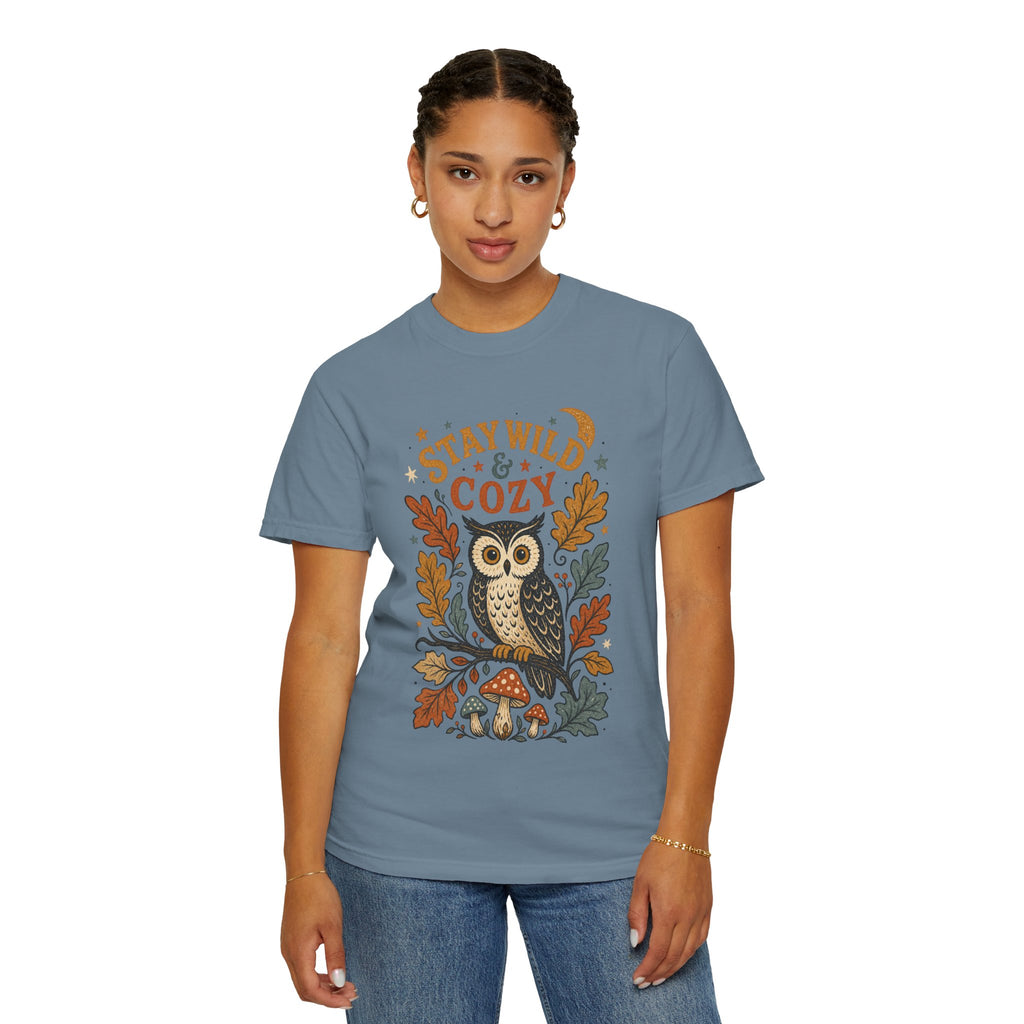 Stay Wild & Cozy Owl Illustration Comfort Colors T-Shirt | Autumn Leaves, Mushroom