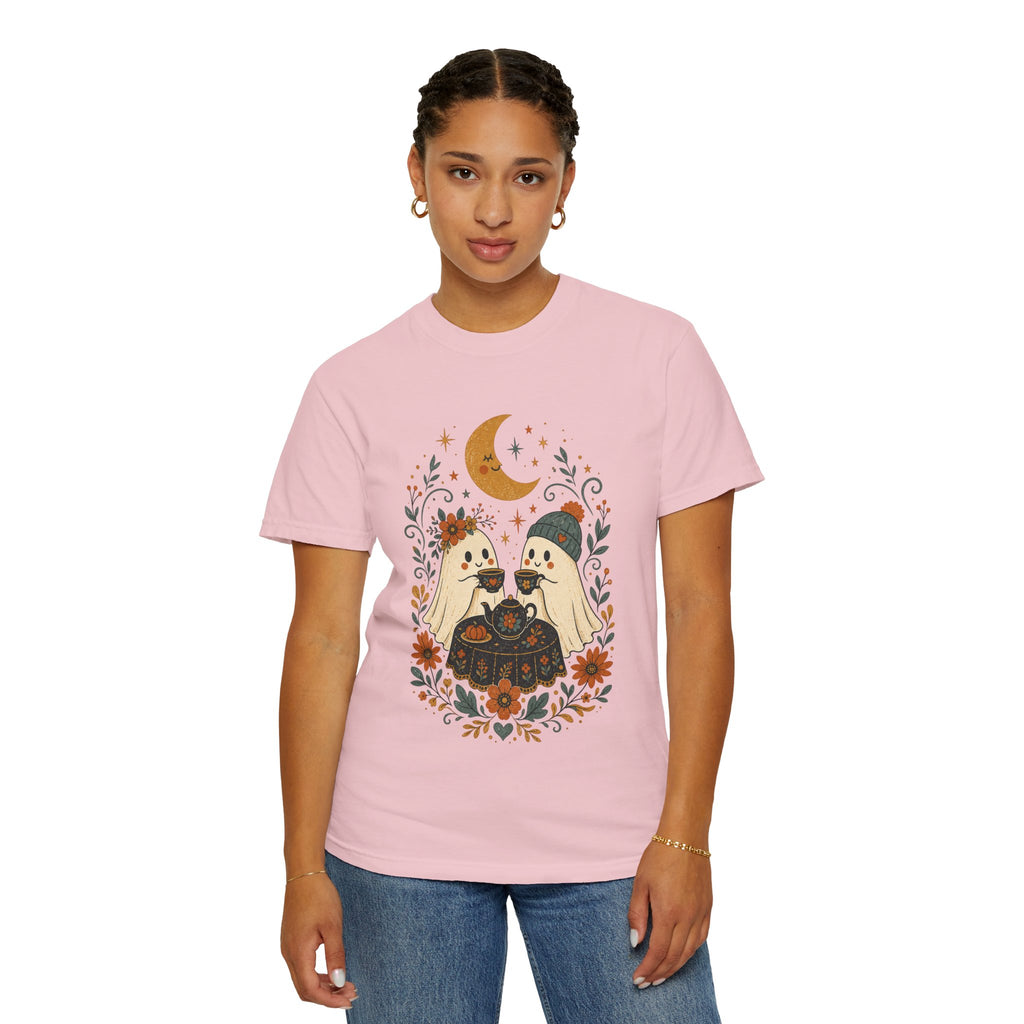 Ghost Couple Fall Halloween Tea Party T-shirt | Cute Ghosts, Moon, Autumn Floral Illustration