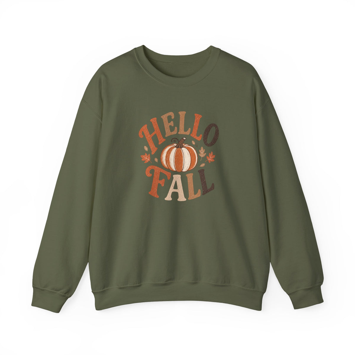 Hello Fall Pumpkin Crewneck Sweatshirt | Autumn Leaves, Cozy Seasonal Tee