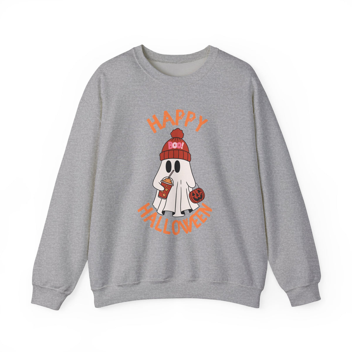 Happy Halloween Ghost Crewneck Sweatshirt | Cute Ghost with Pumpkin and drink