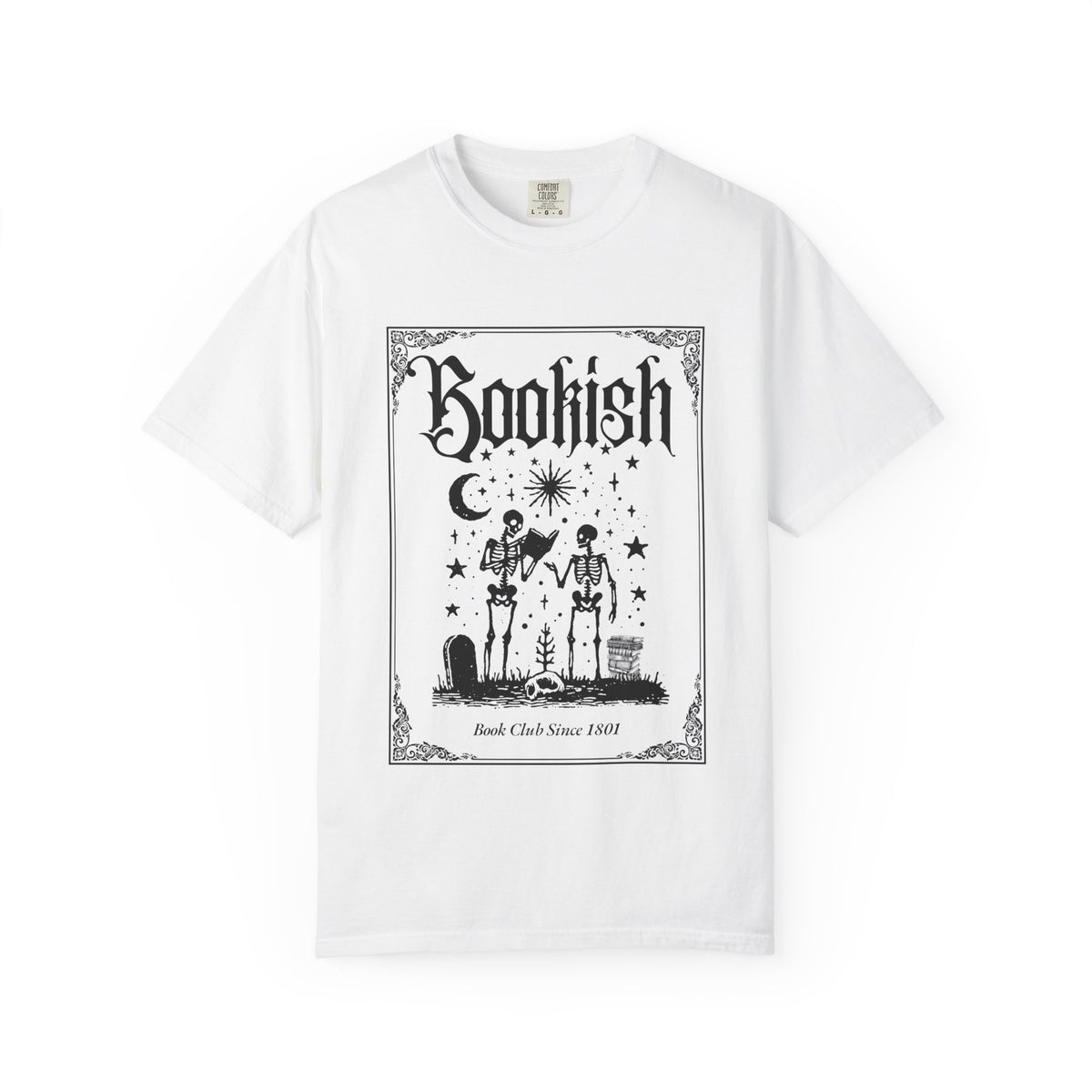 Bookish Skeletons Comfort Colors Tshirt | Gothic book lover tee, occult reading design