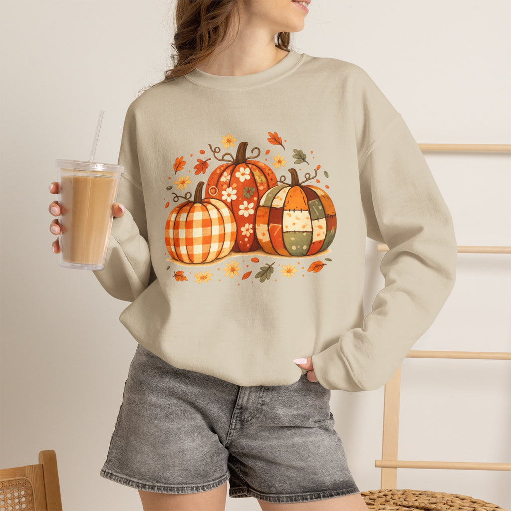 Patchwork Pumpkins Crewneck Sweatshirt | Autumn Plaid Pumpkin Trio