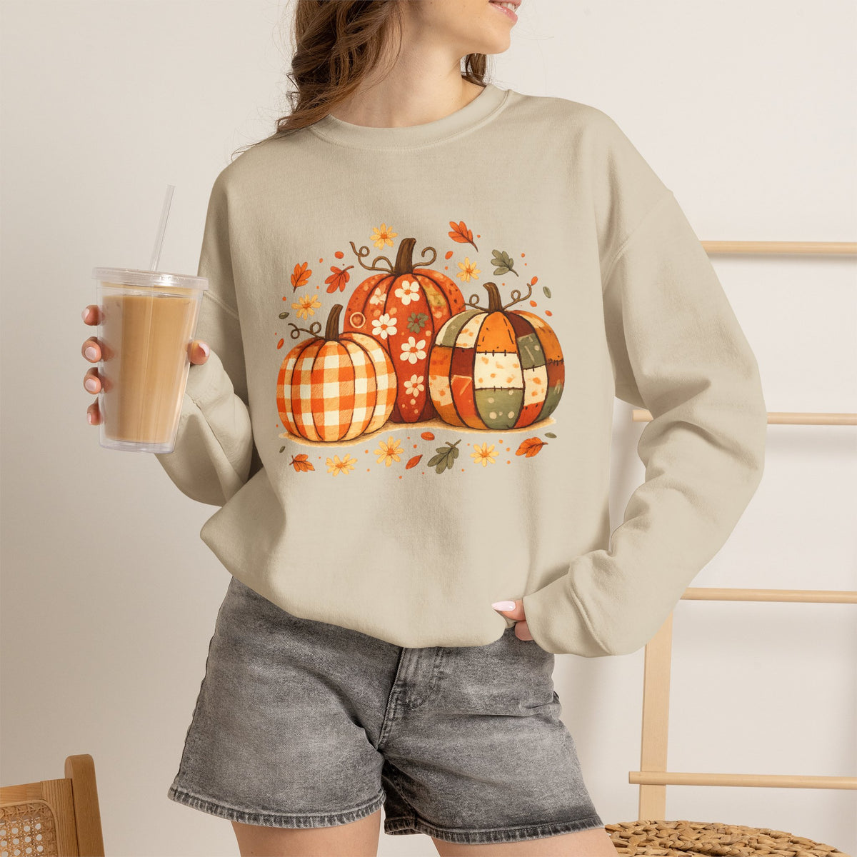 Patchwork Pumpkins Crewneck Sweatshirt | Autumn Plaid Pumpkin Trio