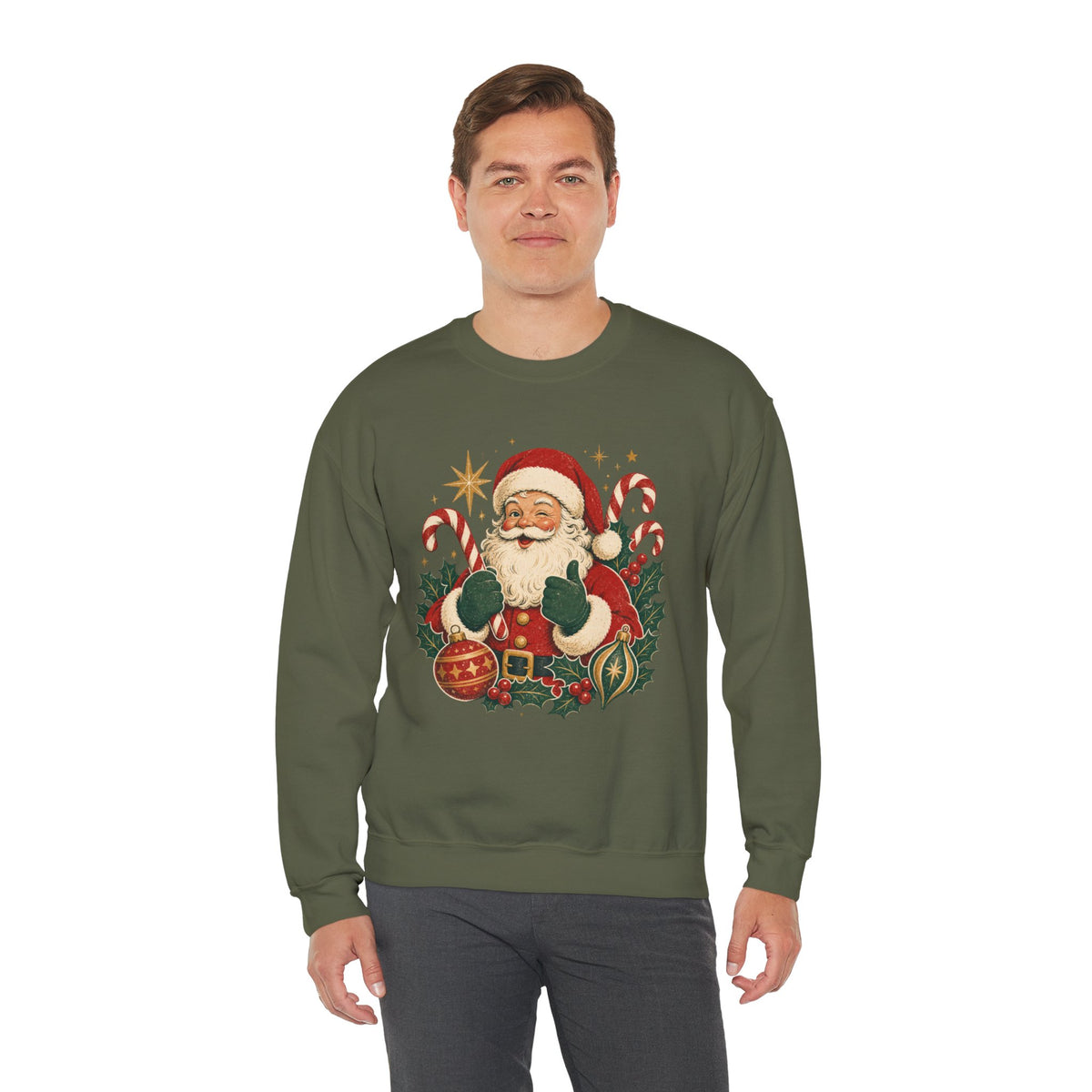 Vintage Santa Claus sweatshirt | Retro Christmas Santa, candy canes & ornaments