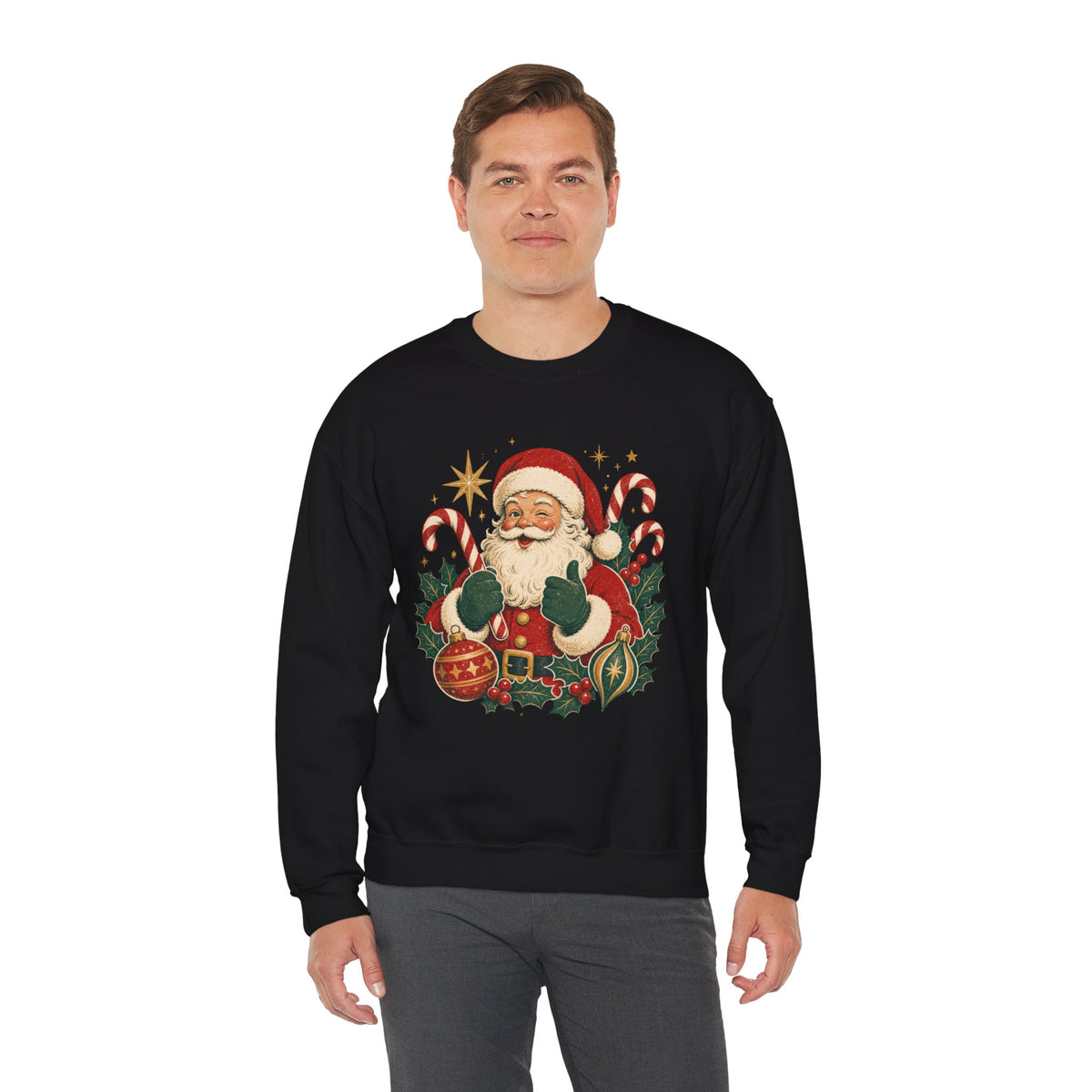Vintage Santa Claus sweatshirt | Retro Christmas Santa, candy canes & ornaments