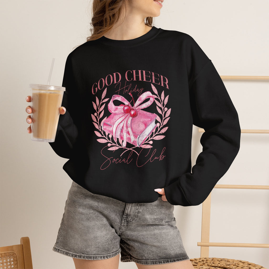 Christmas Sweatshirt Coquette Style | Good Cheer Social Club Pink Ribbon Wreath Holiday Cozy Crew