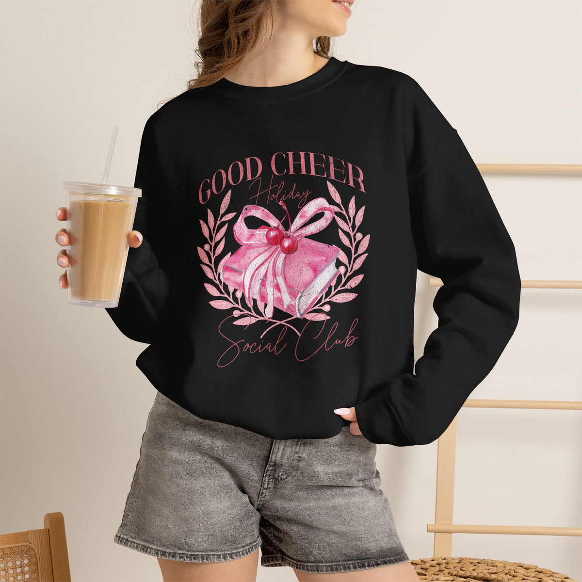 Christmas Sweatshirt Coquette Style | Good Cheer Social Club Pink Ribbon Wreath Holiday Cozy Crew